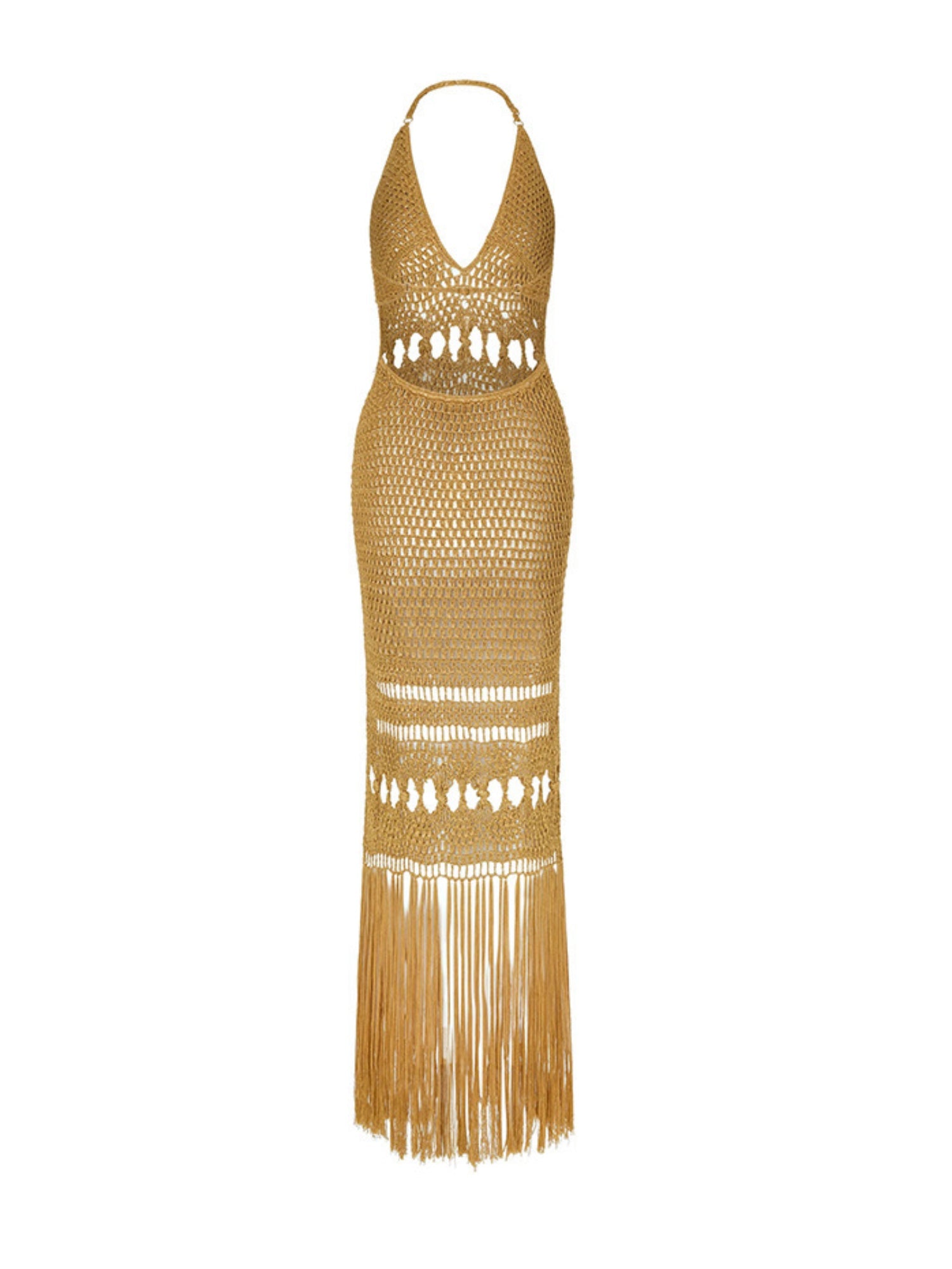 Gold Crochet Halter Deep V-Neck Fringe Slit Maxi Dress