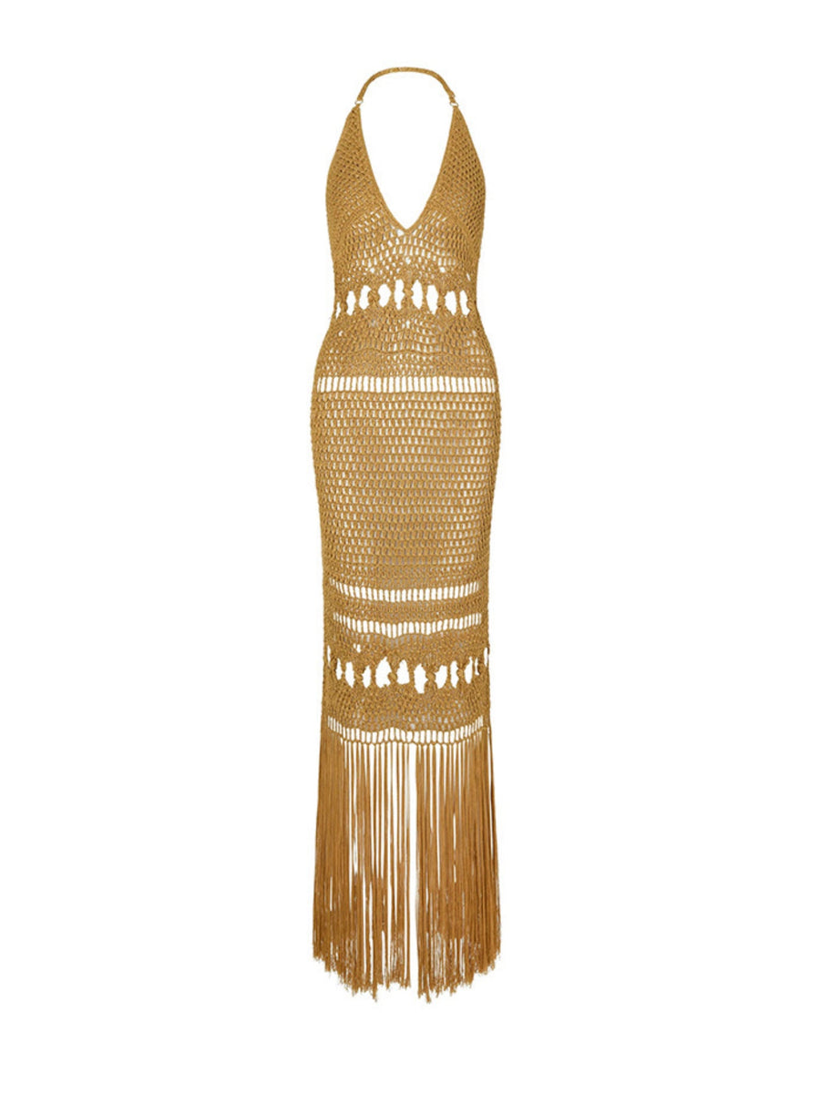 Gold Crochet Halter Deep V-Neck Fringe Slit Maxi Dress