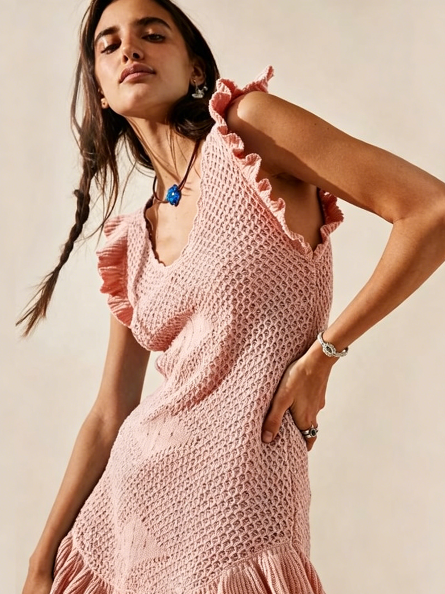 Pink Crochet Openwork Ruffle Trim Sleeveless Beach Cover-Up Dress