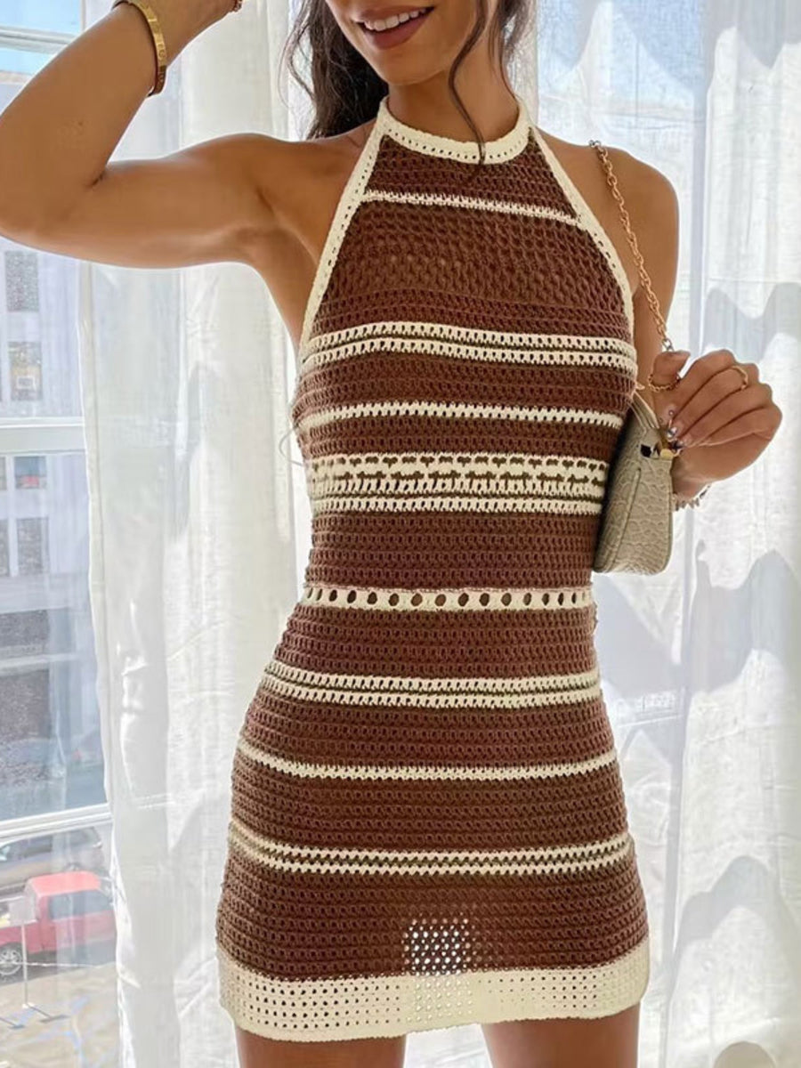 Vacation Brown & White Striped Crochet Halter Beach Cover-Up Dress