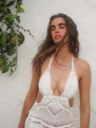 Vacation White Crochet Halter Cutout Flare Mini Dress