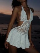 Vacation White Crochet Halter Cutout Flare Mini Dress