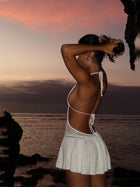 Vacation White Crochet Halter Cutout Flare Mini Dress