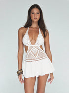Vacation White Crochet Halter Cutout Flare Mini Dress