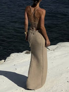 Vacation Beige Crochet Lace-Up Backless Beach Cover-Up Maxi Dress