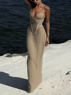Vacation Beige Crochet Lace-Up Backless Beach Cover-Up Maxi Dress
