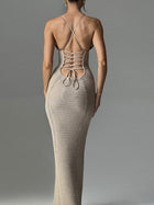 Vacation Beige Crochet Lace-Up Backless Beach Cover-Up Maxi Dress