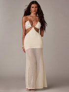 Vacation Cream Crochet Sequin Cutout Sheer Beach Cover-Up Maxi Dress