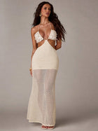 Vacation Cream Crochet Sequin Cutout Sheer Beach Cover-Up Maxi Dress