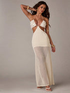 Vacation Cream Crochet Sequin Cutout Sheer Beach Cover-Up Maxi Dress