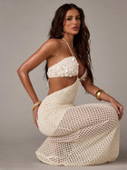 Vacation Cream Crochet Sequin Cutout Sheer Beach Cover-Up Maxi Dress