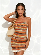 Bohemian Geometric Stripe Strapless Tassel Mini Dress