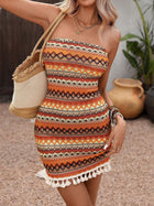Bohemian Geometric Stripe Strapless Tassel Mini Dress