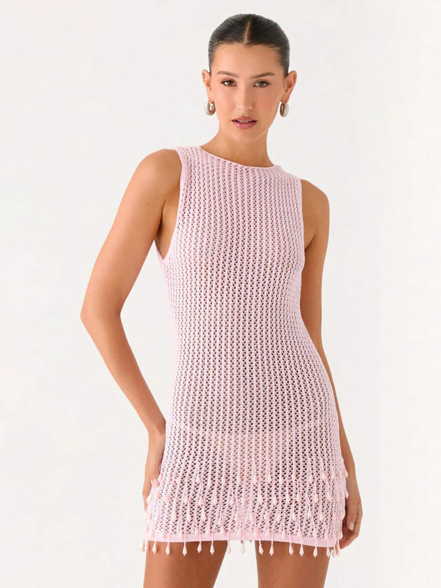 Light Pink Sleeveless Crochet Fringe Beach Cover-Up Dress