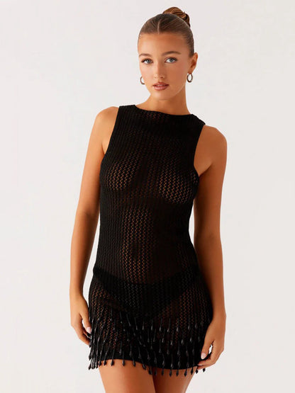 Light Pink Sleeveless Crochet Fringe Beach Cover-Up Dress