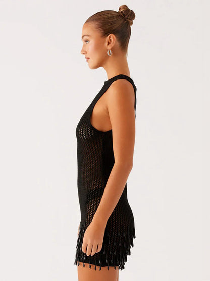 Light Pink Sleeveless Crochet Fringe Beach Cover-Up Dress