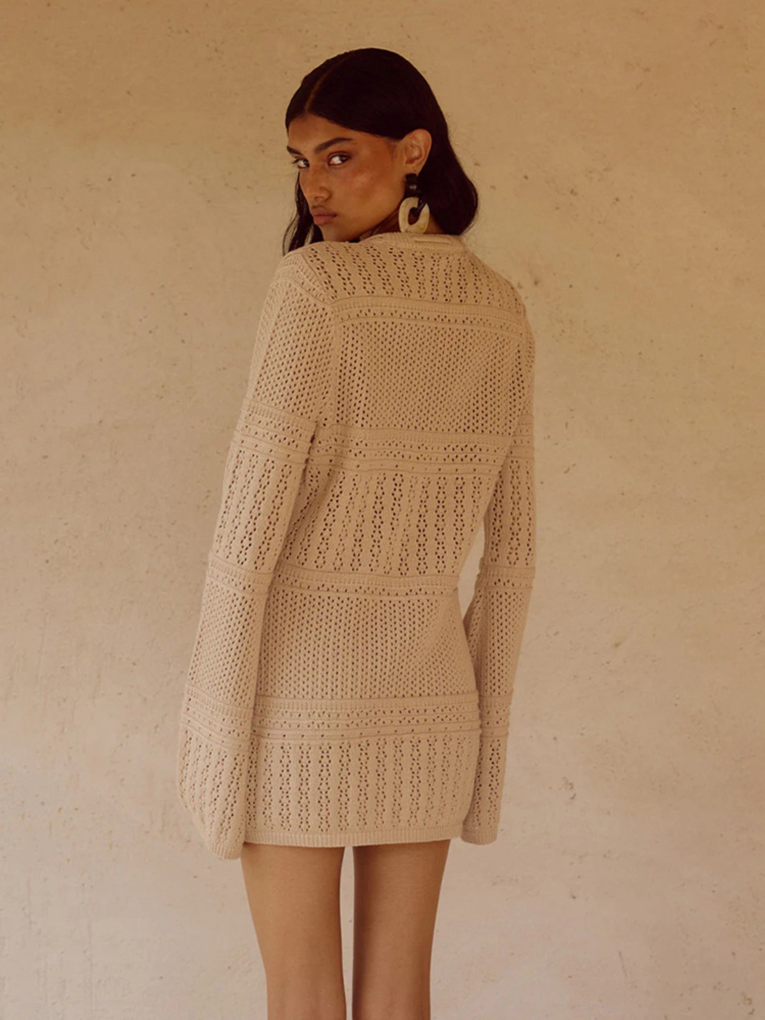 Beige Crochet Knit Cardigan & Mini Skirt Beach Cover-Up Set