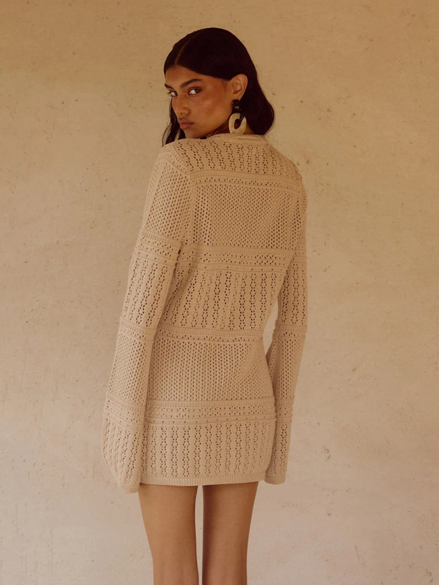 Beige Crochet Knit Cardigan & Mini Skirt Beach Cover-Up Set