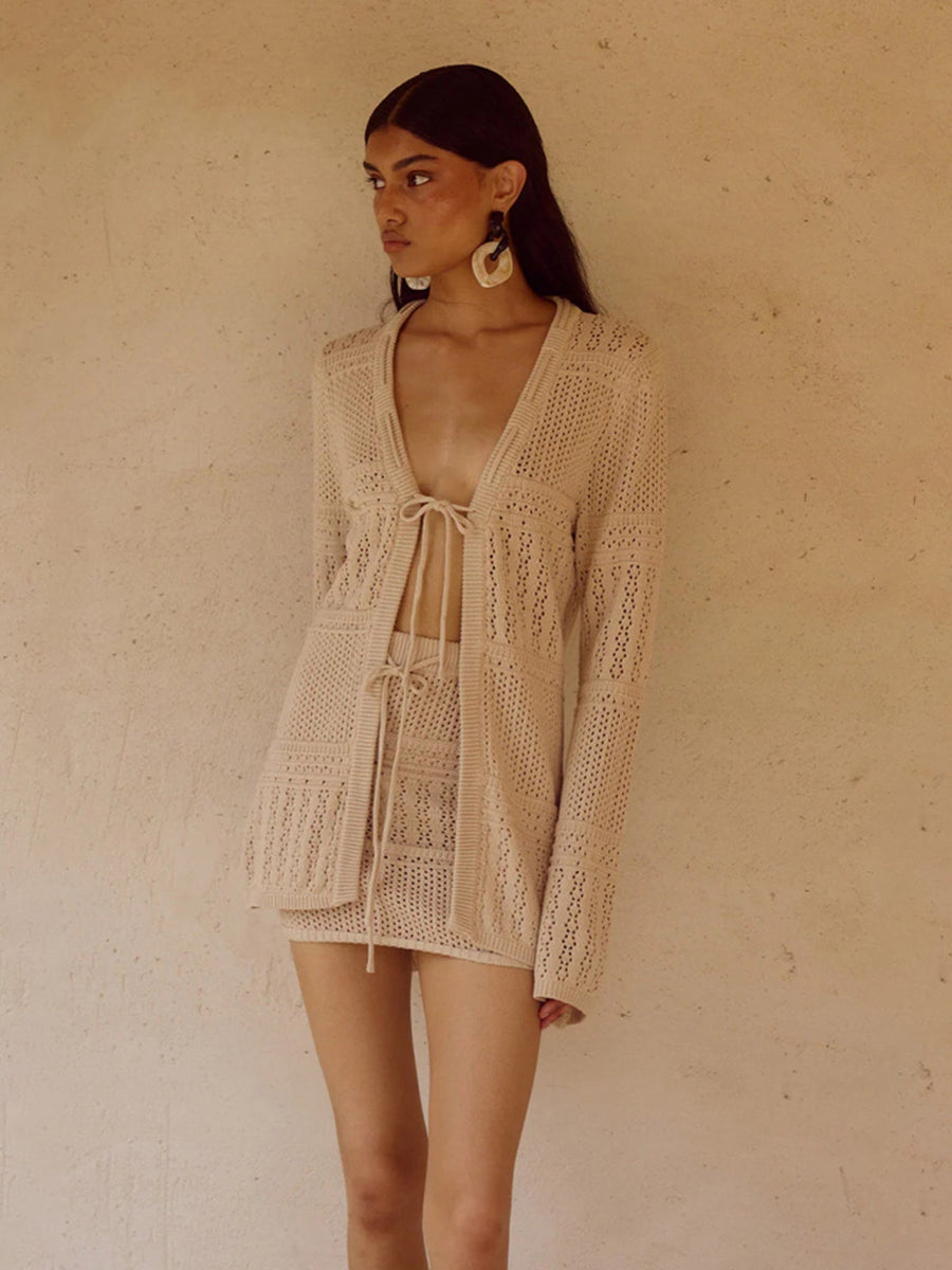 Beige Crochet Knit Cardigan & Mini Skirt Beach Cover-Up Set
