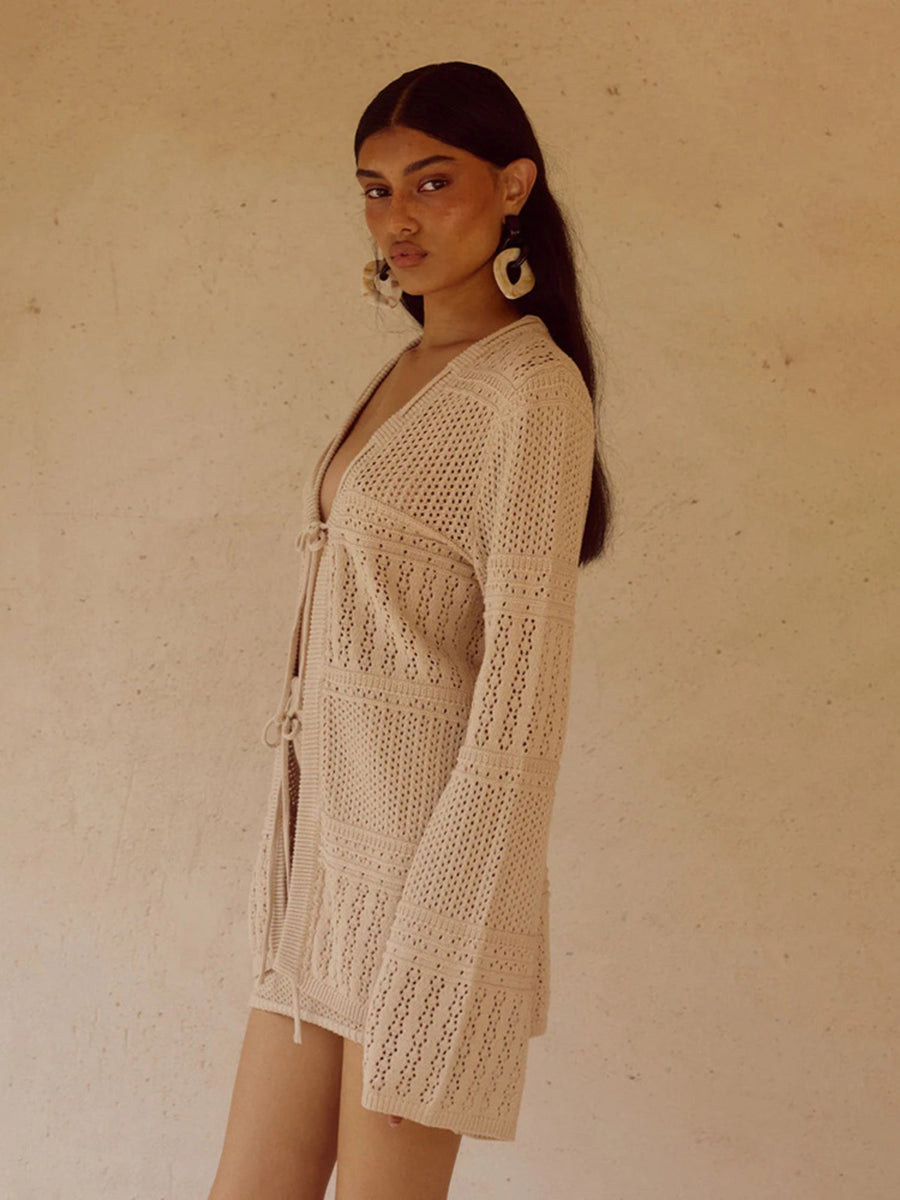 Beige Crochet Knit Cardigan & Mini Skirt Beach Cover-Up Set