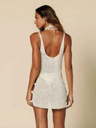 Beige Crochet Knit Side Cutout Beach Cover-Up Dress