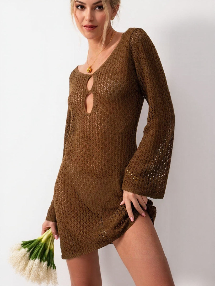 Minimalist Brown Crochet Knit Bodycon Cover-Up Dress