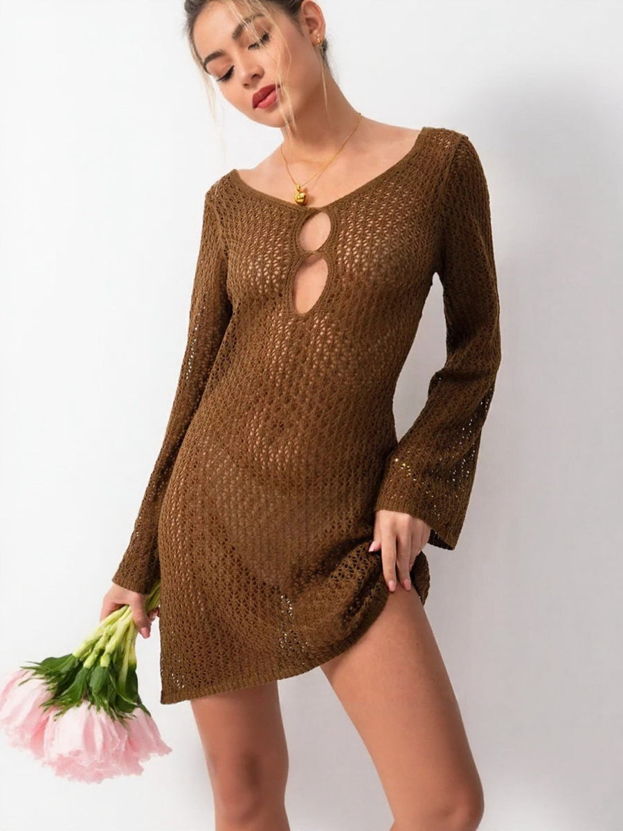 Minimalist Brown Crochet Knit Bodycon Cover-Up Dress