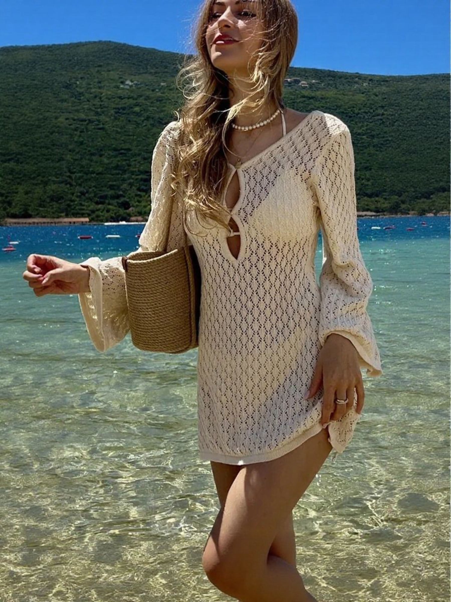 Minimalist Brown Crochet Knit Bodycon Cover-Up Dress