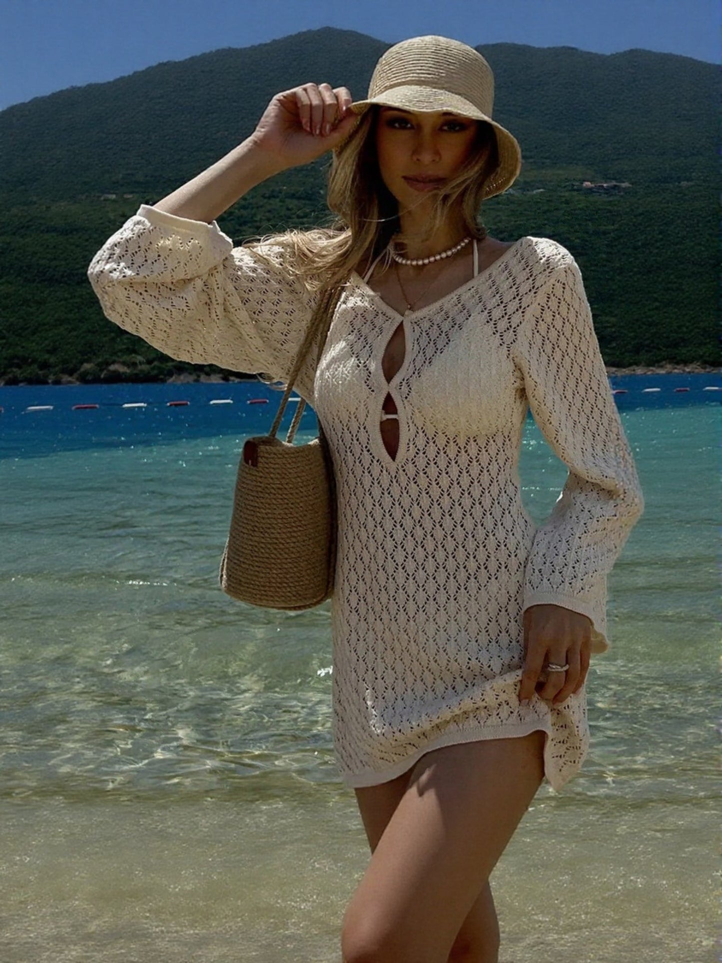 Minimalist Brown Crochet Knit Bodycon Cover-Up Dress