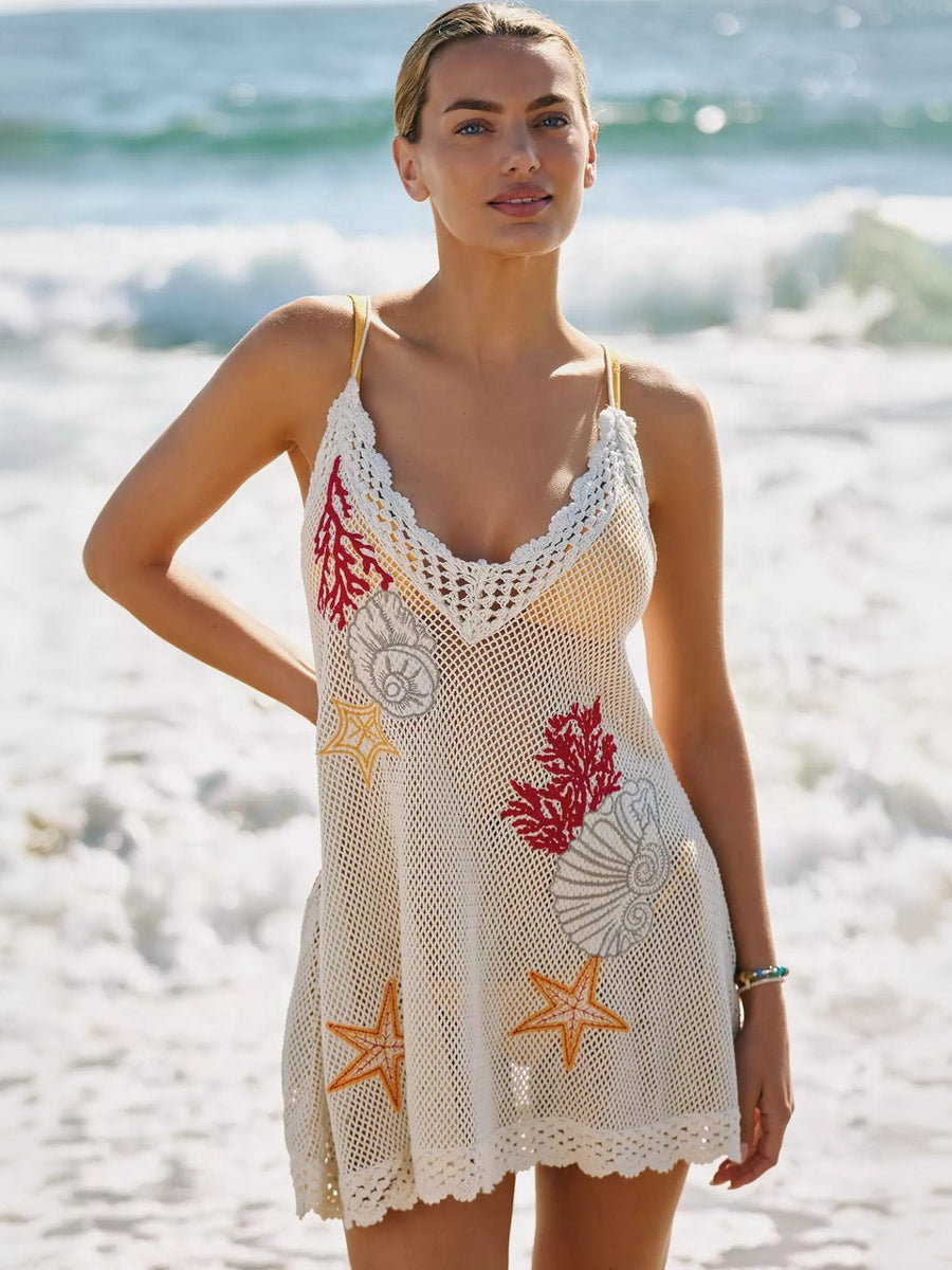 Ocean Embroidered Crochet Knit Spaghetti Strap Beach Cover-Up Dress