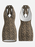 Leopard Print Black Lace Trim Halter Deep V Bodycon Mini Dress