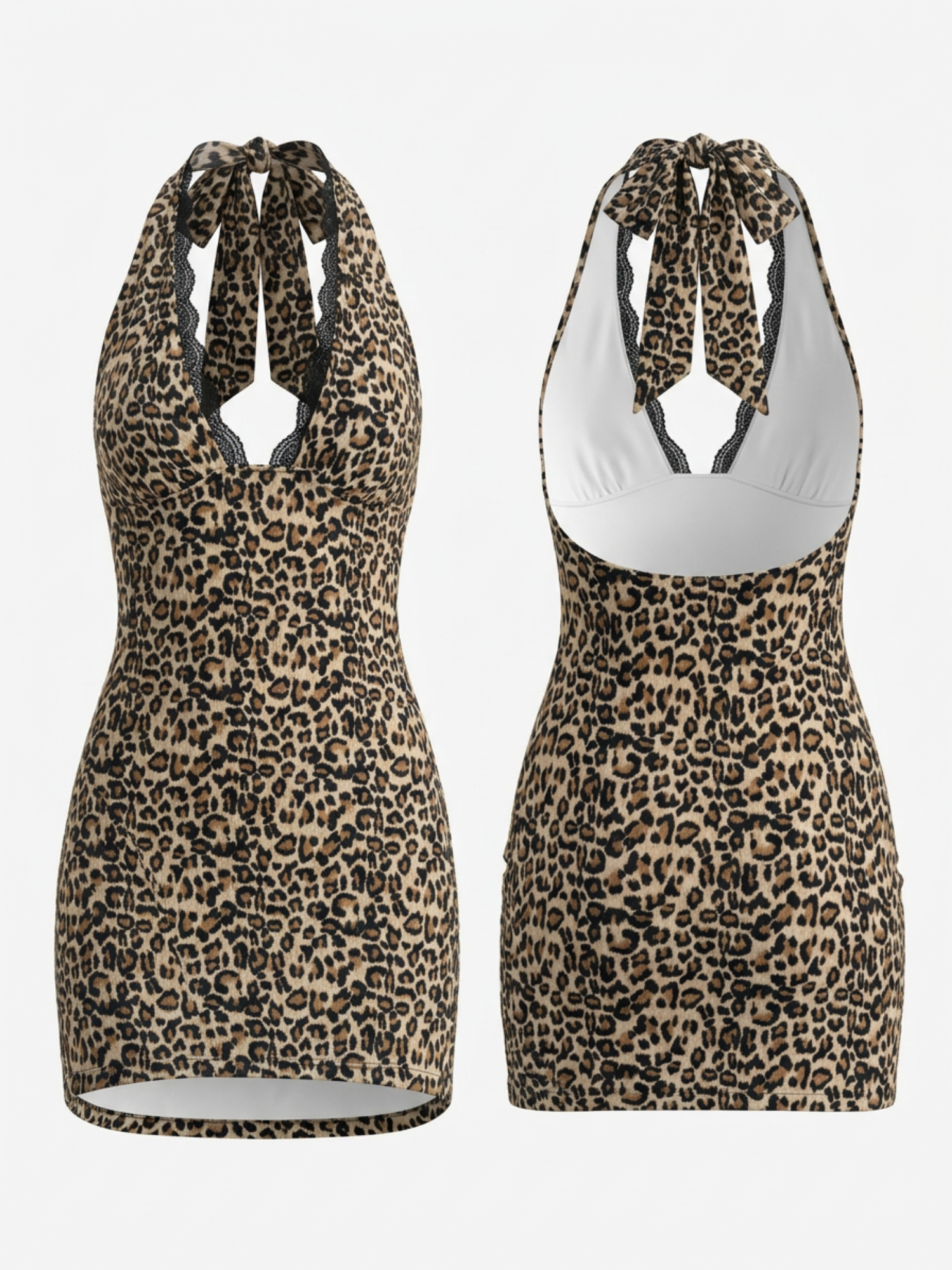 Leopard Print Black Lace Trim Halter Deep V Bodycon Mini Dress