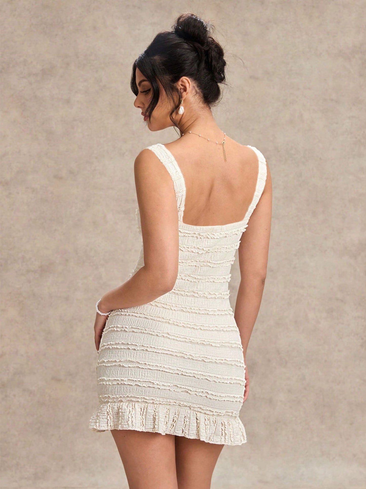 Slim Fit Ruffle Textured Square Neck Tie Front Bodycon Party Dress