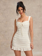 Slim Fit Ruffle Textured Square Neck Tie Front Bodycon Party Dress