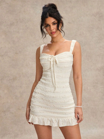 Slim Fit Ruffle Textured Square Neck Tie Front Bodycon Party Dress