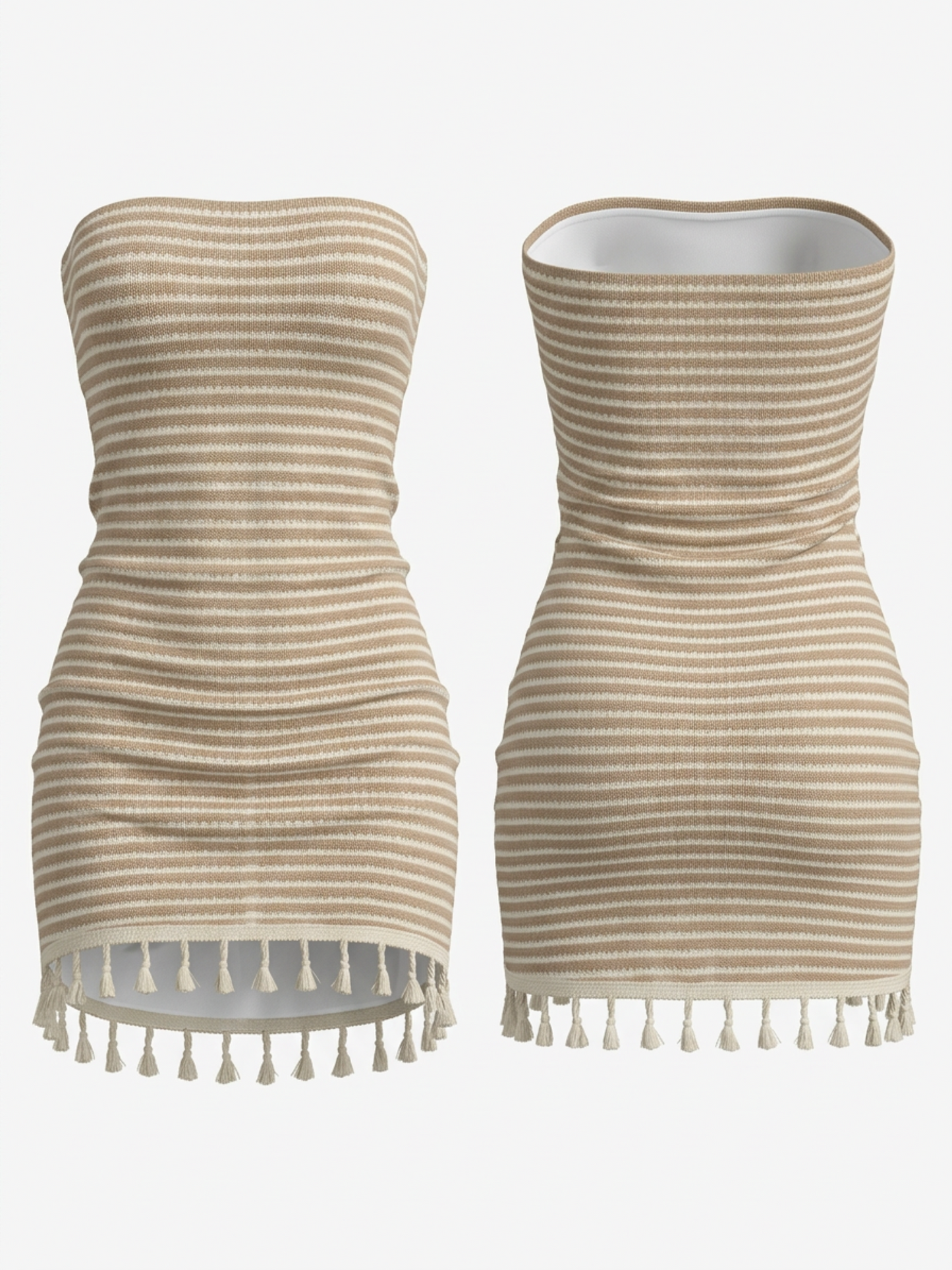 Khaki White Stripe Knit Strapless Tassel Hem Bodycon Mini Dress