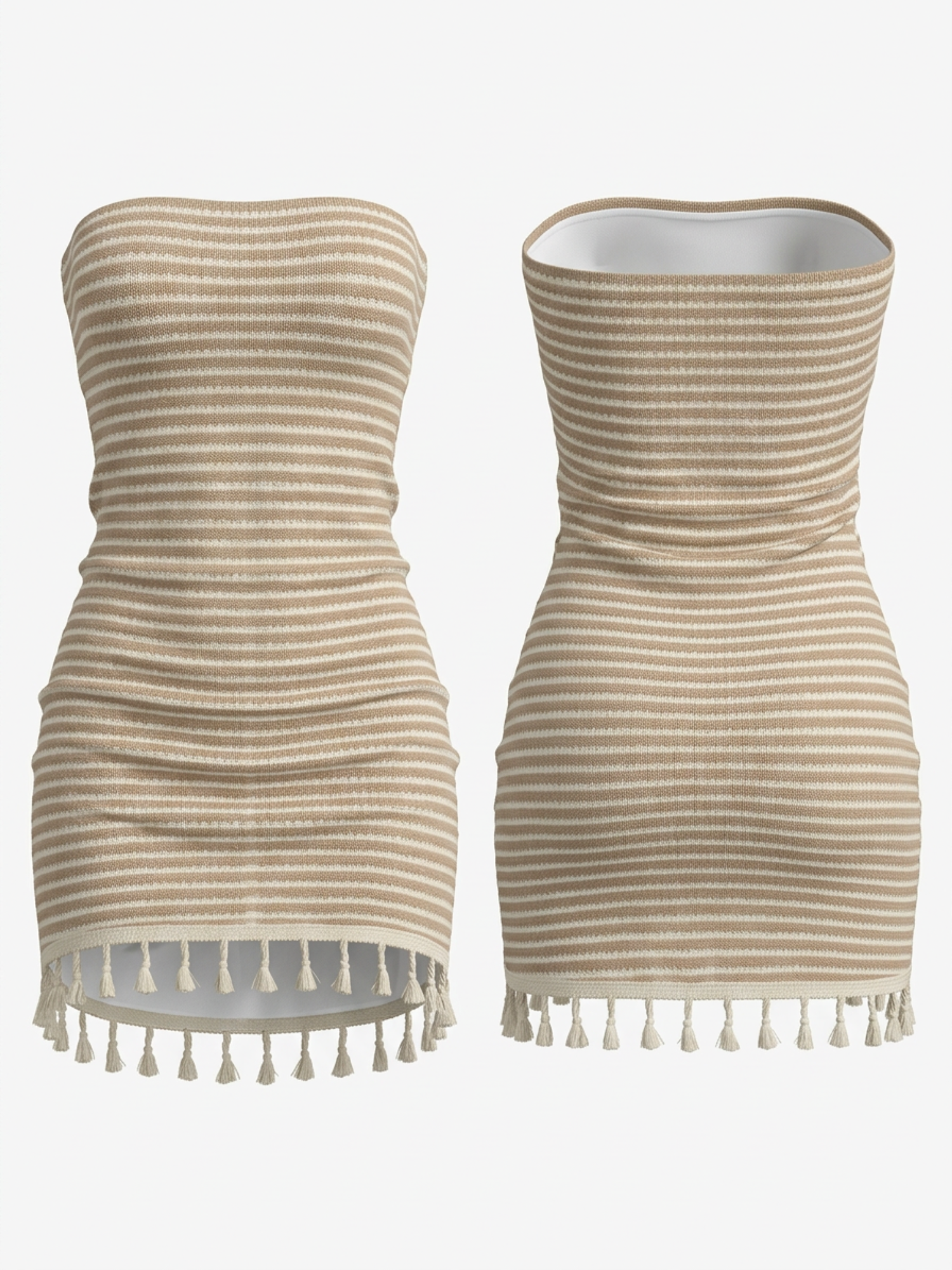 Khaki White Stripe Knit Strapless Tassel Hem Bodycon Mini Dress