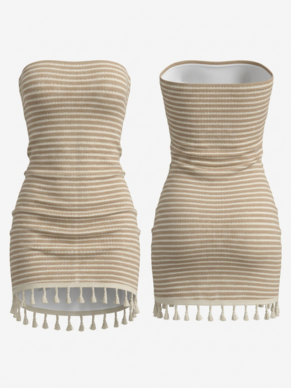 Khaki White Stripe Knit Strapless Tassel Hem Bodycon Mini Dress