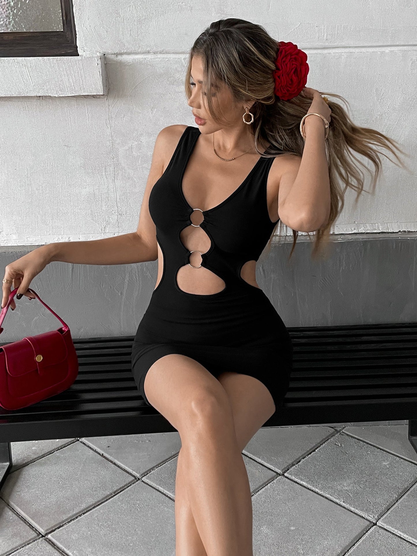 Black Sleeveless Triple O-Ring Multi Cutout Bodycon Mini Dress
