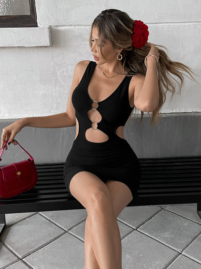 Black Sleeveless Triple O-Ring Multi Cutout Bodycon Mini Dress