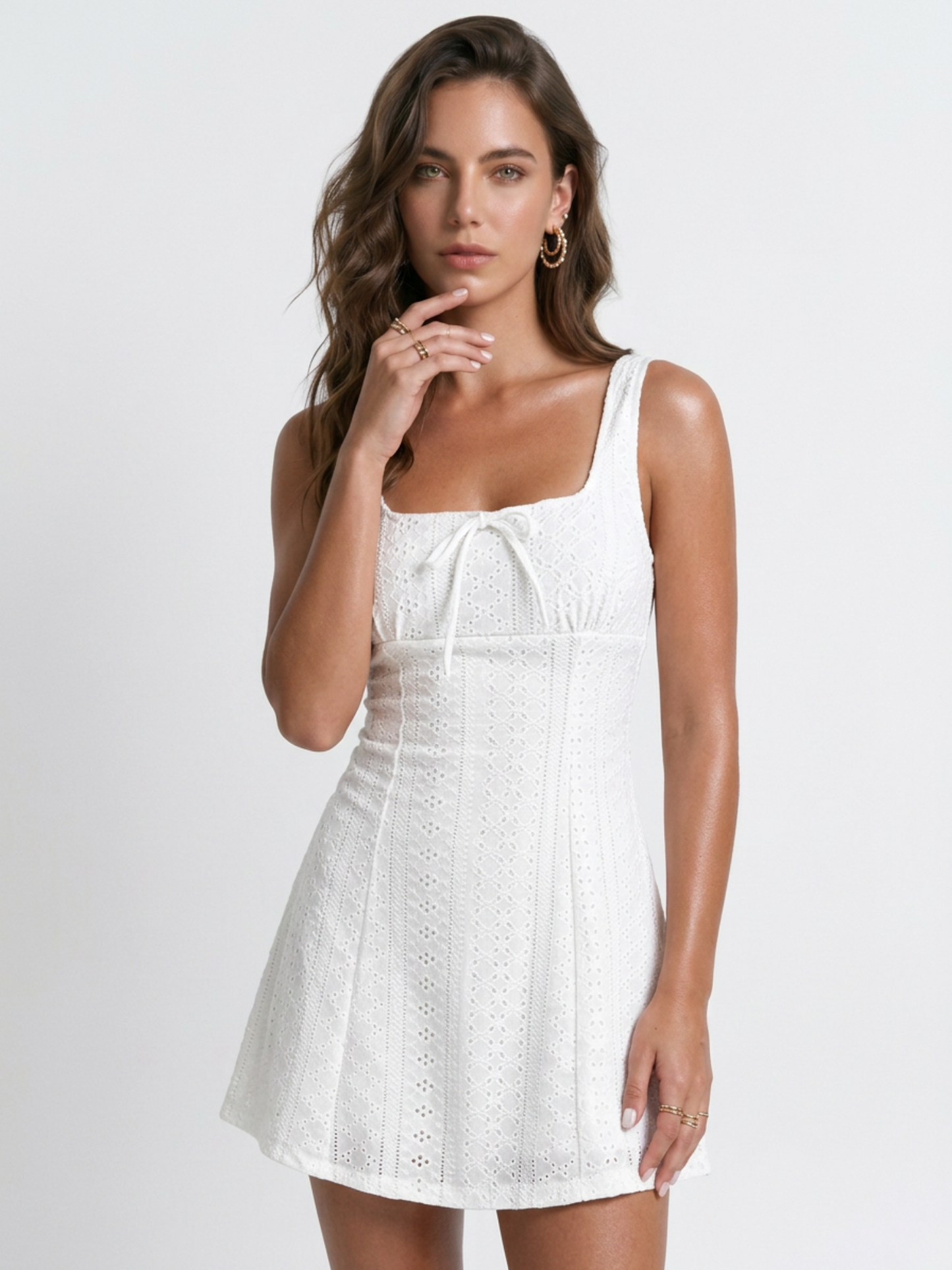 Boho Hollow Out Lace Square Strap Bow Front Swing Vacation Dress