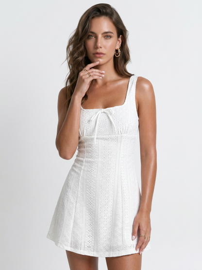 Boho Hollow Out Lace Square Strap Bow Front Swing Vacation Dress