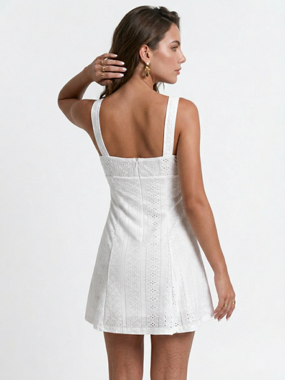 Boho Hollow Out Lace Square Strap Bow Front Swing Vacation Dress