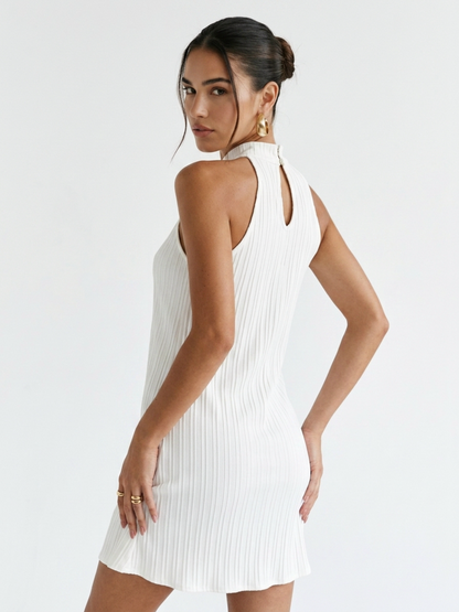 White Vertical Pleated Halter Neck Loose Swing Mini Dress