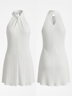 White Vertical Pleated Halter Neck Loose Swing Mini Dress