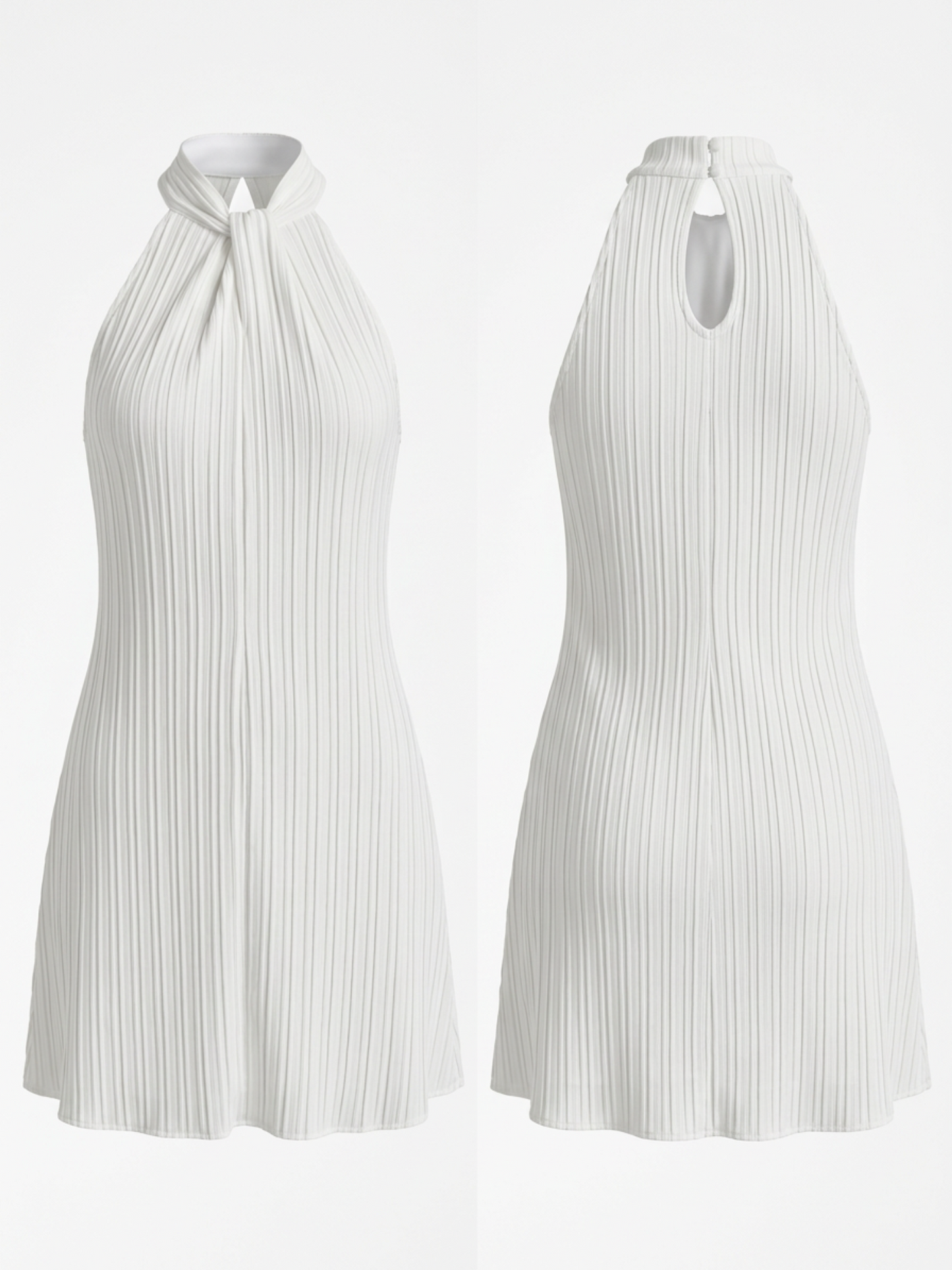White Vertical Pleated Halter Neck Loose Swing Mini Dress
