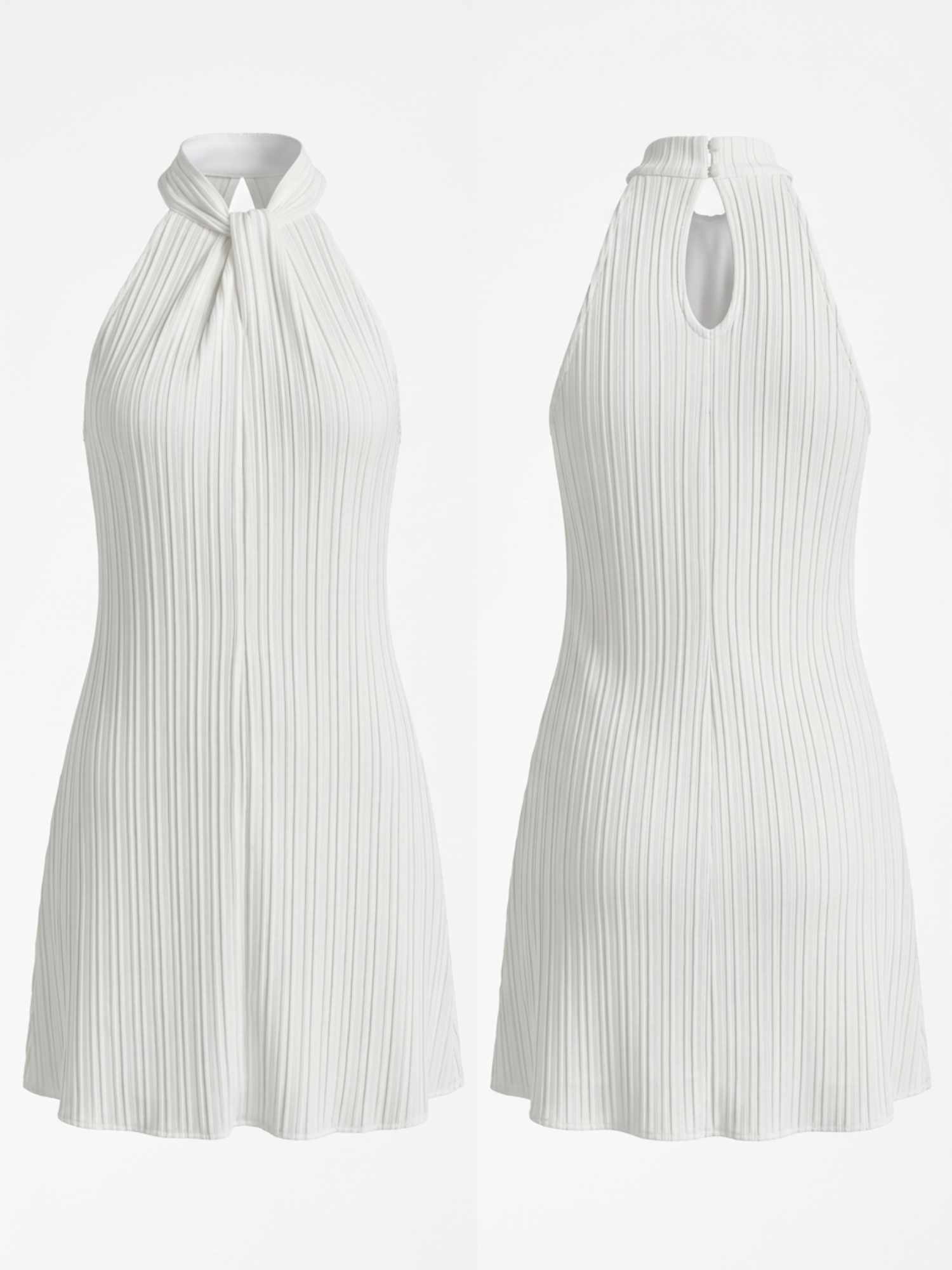 White Vertical Pleated Halter Neck Loose Swing Mini Dress