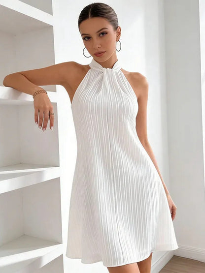 White Vertical Pleated Halter Neck Loose Swing Mini Dress