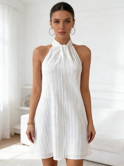White Vertical Pleated Halter Neck Loose Swing Mini Dress