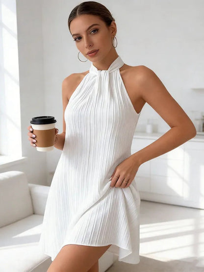 White Vertical Pleated Halter Neck Loose Swing Mini Dress